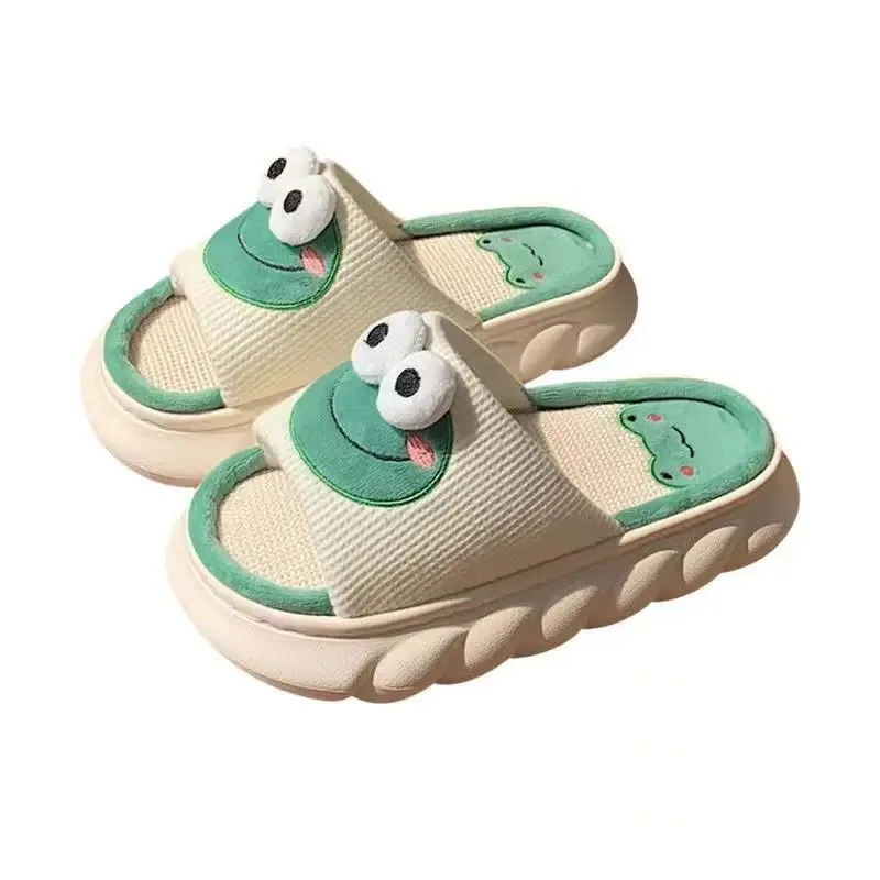 Pantoufles d'intérieur chaudes d'hiver pour femmes, pantoufles confortables à semelle douce et épaisse en lin grenouille, pantoufles antidérapantes pour couples