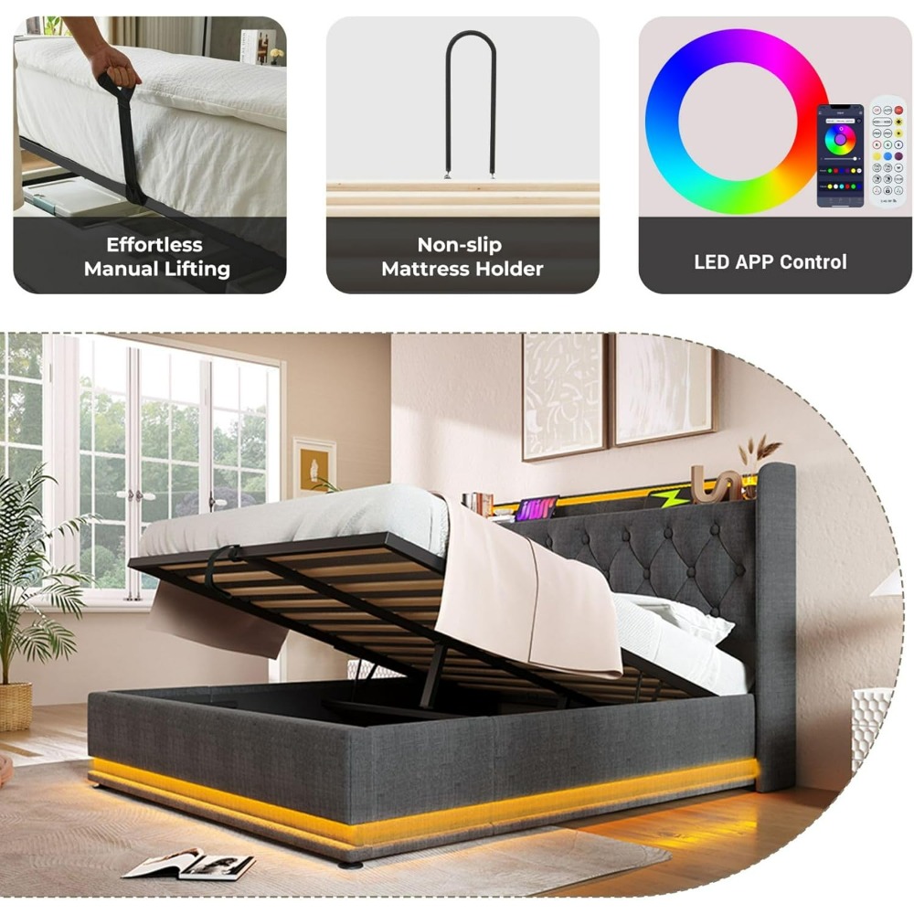 Queen Size Bed Frame with Storage, 360 Surround LED Lights, Buttons, App or Remote Control, Upholstered Headboard Linen Platform