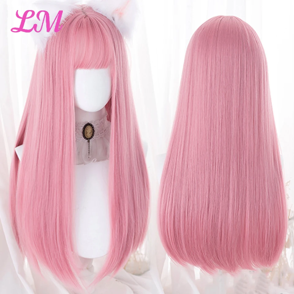 LM Cosplay Peruca Com Franja Cabelo Liso Sintético 24 Polegada Longo Peruca Rosa Resistente ao Calor Para Mulheres