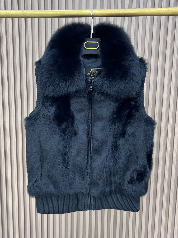 Feminino genuíno real coelho pele colete casaco de tricô inverno gola de pele de raposa jaqueta casual curto outwear fino com zíper