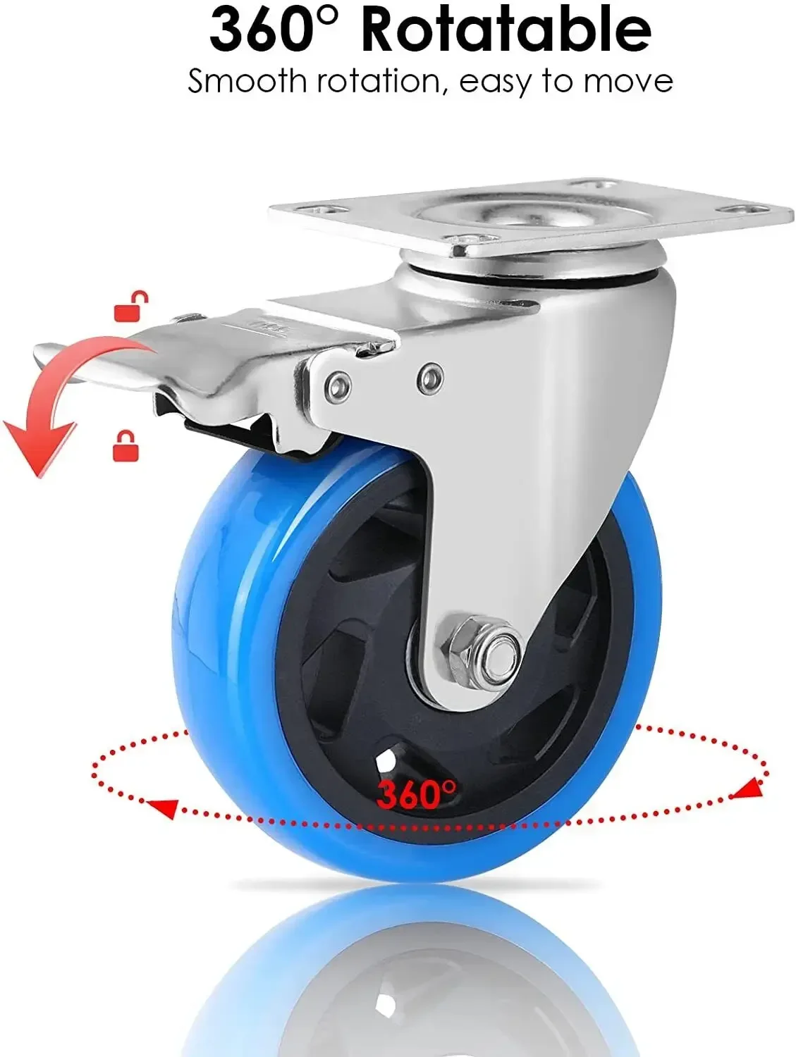 Rolos de transporte Rodízios giratórios de 100 mm com freio para todos os tipos de pisos, transporte de móveis, transporte industrial e logística
