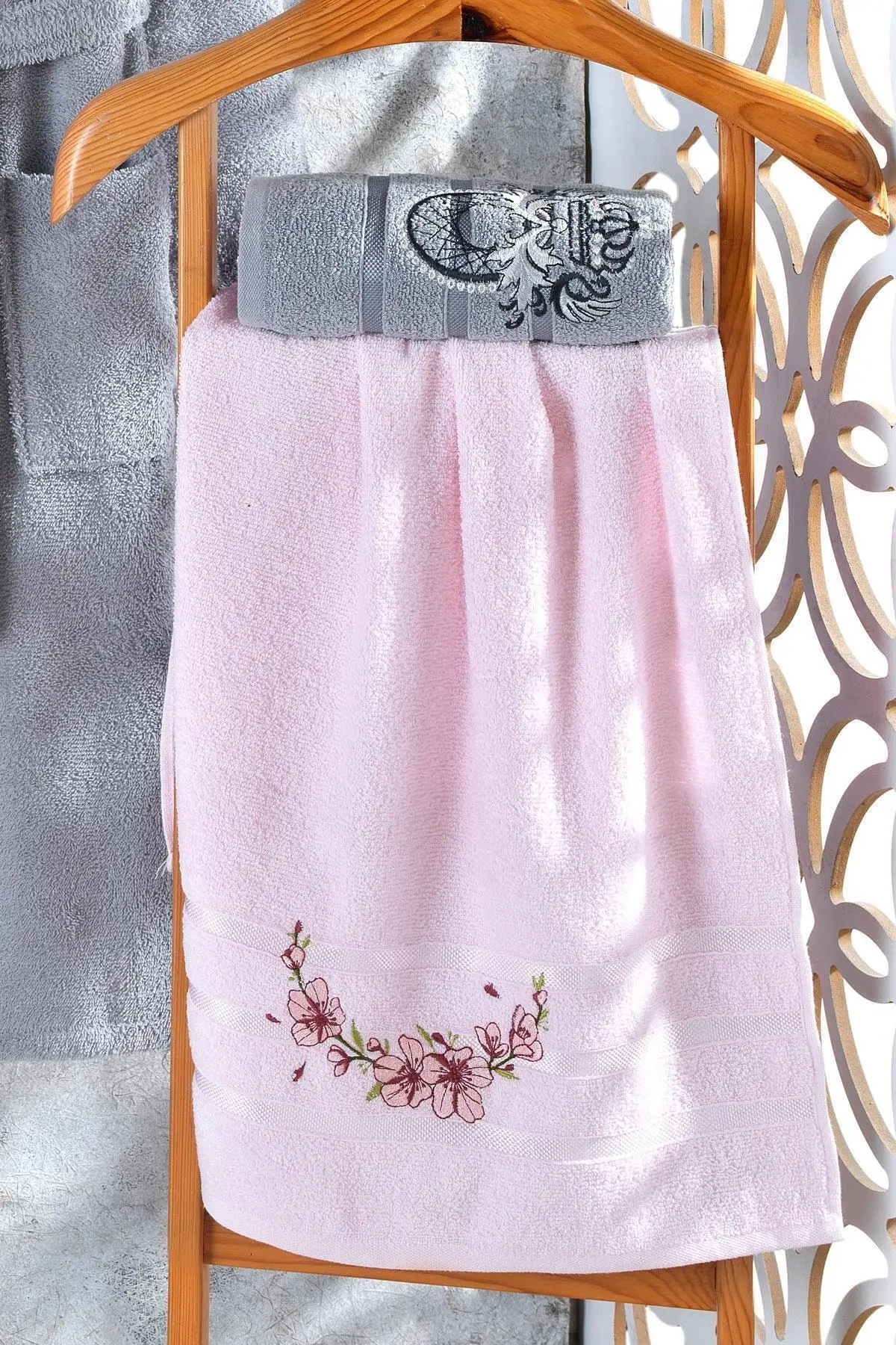 Jubah Mandi 4 Bagian Sulam 100 Katun Set Jubah Mandi Set, Rusia, Eropa, Set Kamar Mandi, Set Bak Mandi, Handuk Wajah, Tubuh
