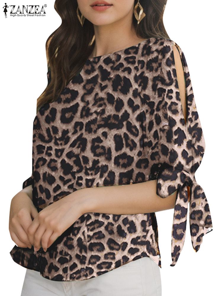 ZANZEA Sommer Bluse mit Leopardenmuster für Damen, elegant, halbe Ärmel, Arbeitshemd, modisch, Schnürung, Urlaubsoberteile, böhmische, stilvolle Blusas