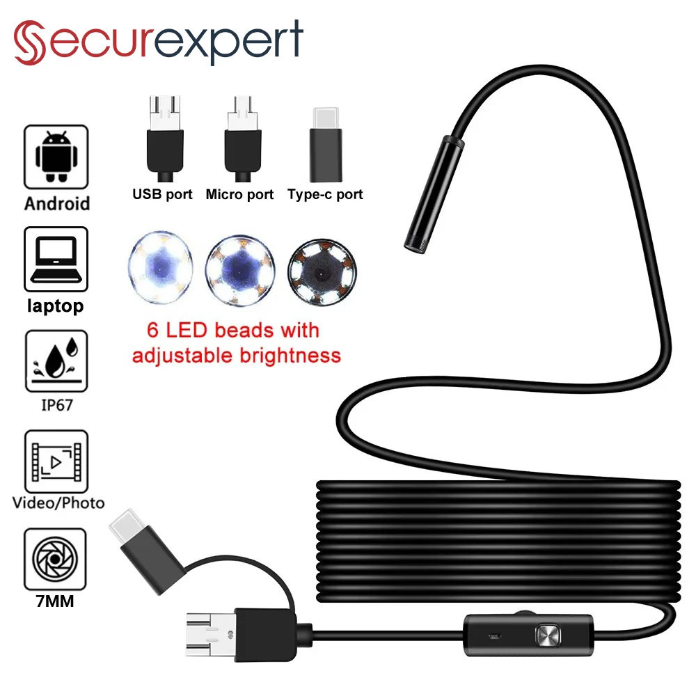 Mini cámara de boroscopio tipo C, cámaras USB de inspección de coche LED impermeables para teléfono y Android, cámara endoscópica de 7mm, Micro USB 3 en 1