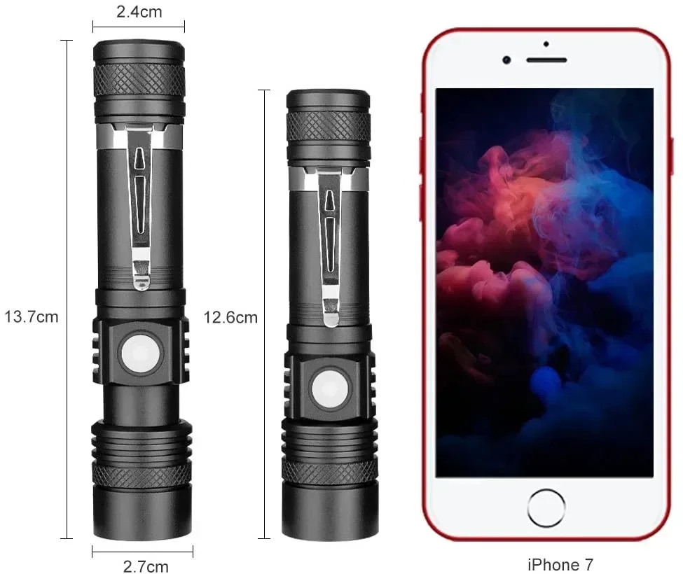 Lanternas led de alta potência com zoom, tocha de acampamento com contas de lâmpada led t6, à prova d'água, 4 modos de iluminação, carregador usb multifuncional