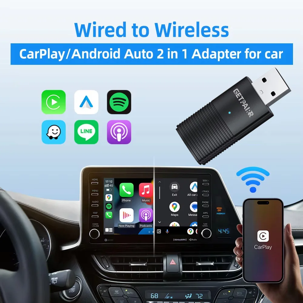 GetPairr Беспроводной CarPlay Dongle Android Auto Мини-адаптер Plug and Play WiFi Быстрое подключение Универсальный для автомобилей с проводным Carplay