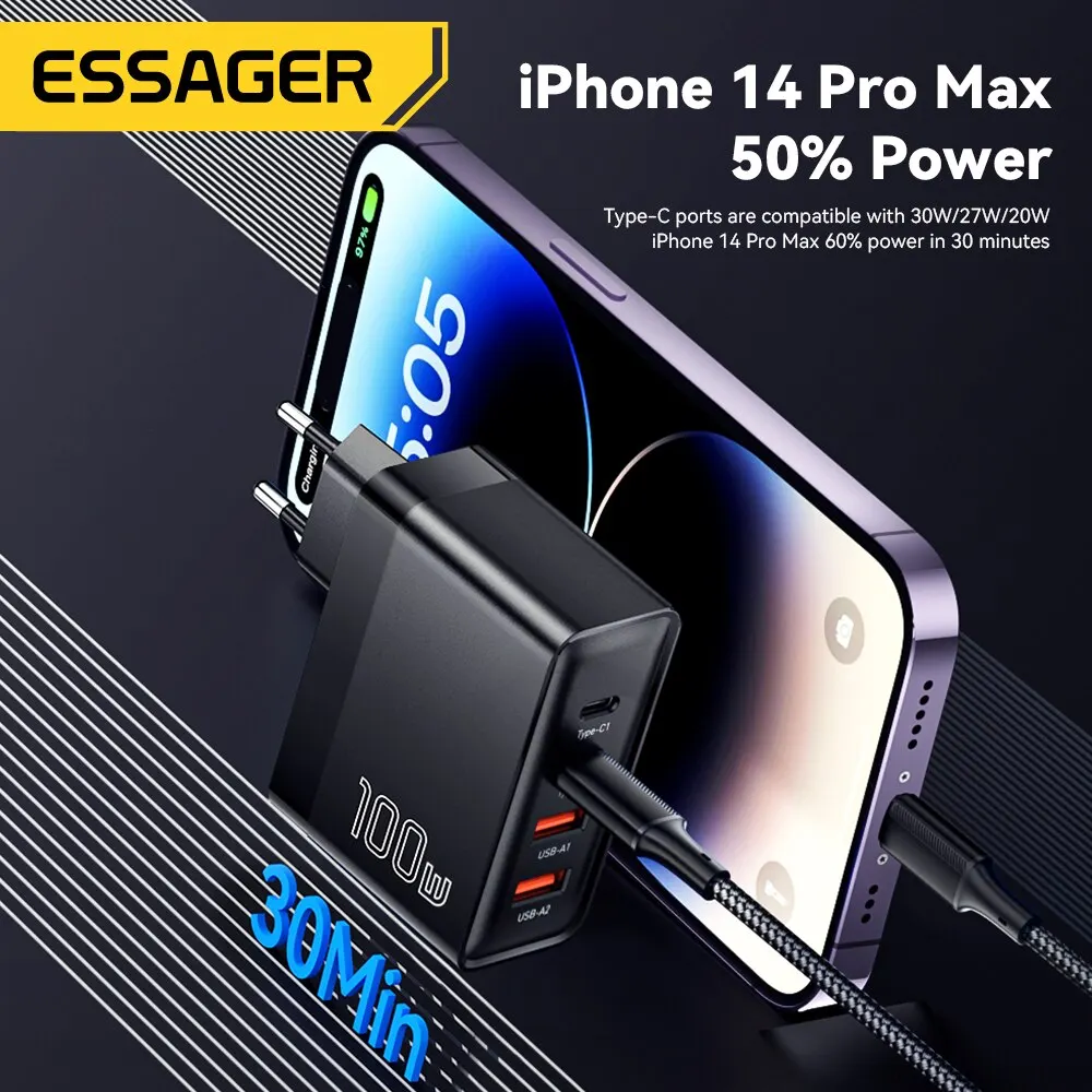 Essager 100W GaN USB Tipo C Caricabatterie PD QC Ricarica rapida 4.0 3.0 Tipo C Ricarica Rapida Per iPhone 14 13 12 Xiaomi MacBook