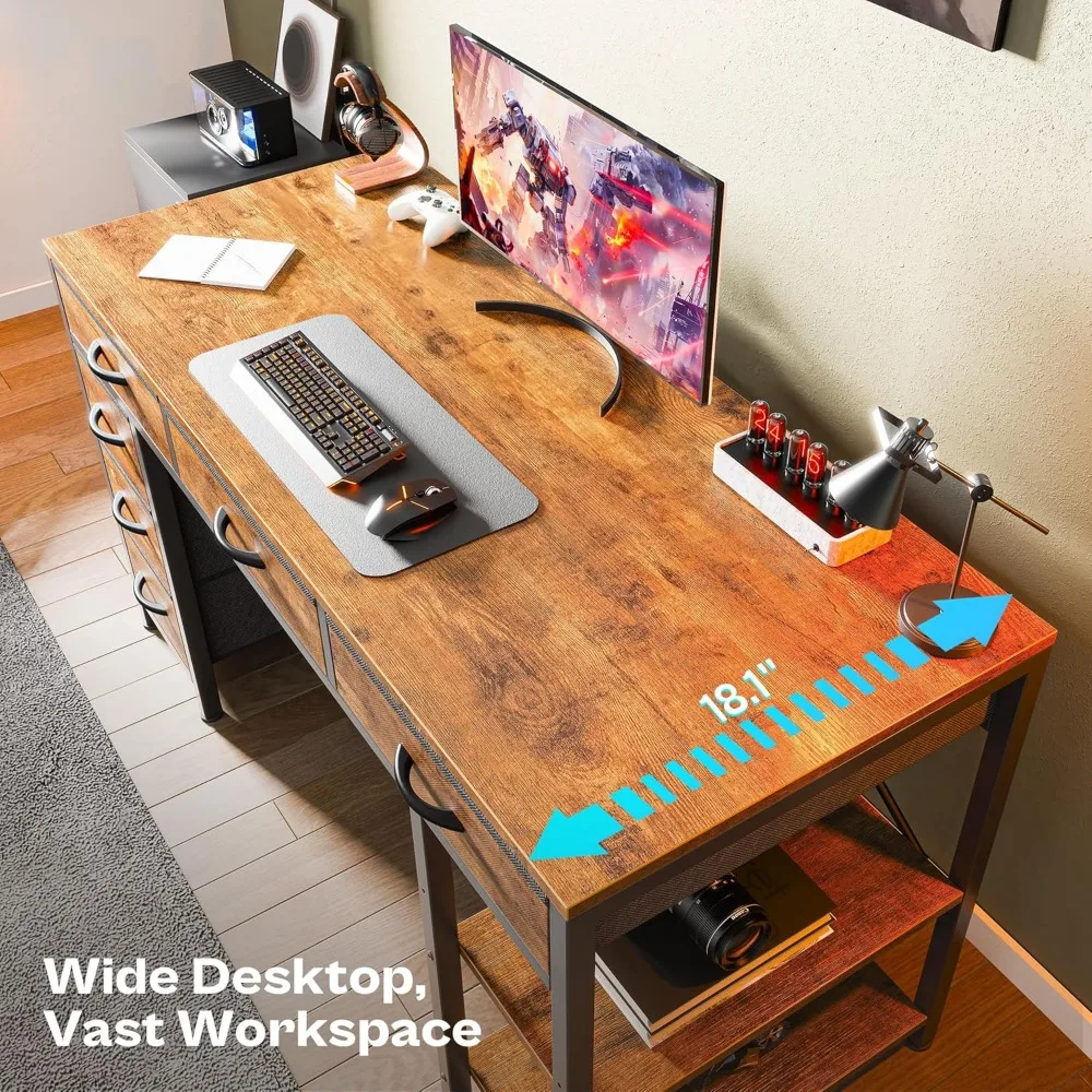 Computer Desk with 6 Drawers, 47 Inch Office Desk with Shelves, Computers Desks