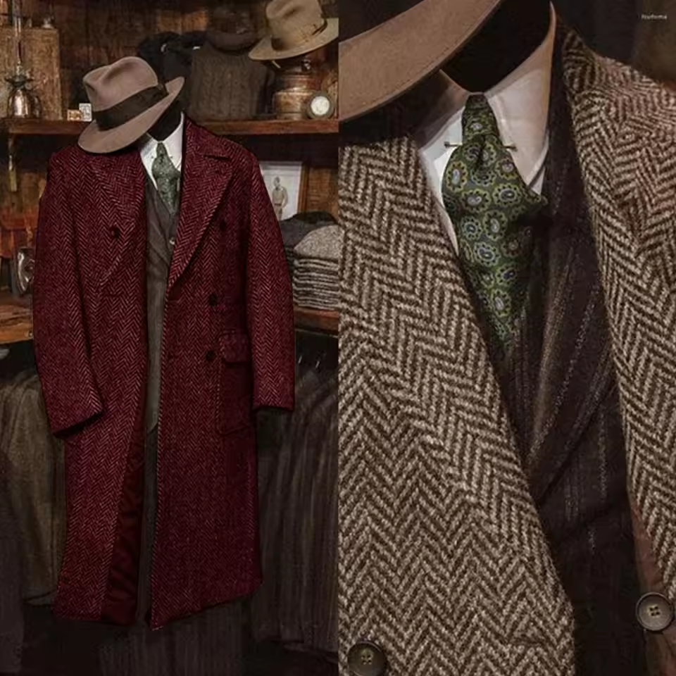 Veste longue en Tweed à motif de chevrons pour hommes, Slim, Design à la mode, vêtements d'hiver pour hommes, décontracté, Business, nouvelle collection 2025