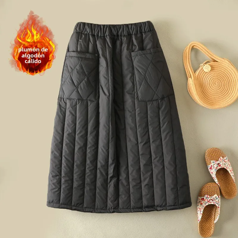 Falda A-Linea De Cintura Alta De Plumas De Algodón Para Mujer Moda Otoño Invierno Ligera Y Caliente Diseño De Media Pierna Slim