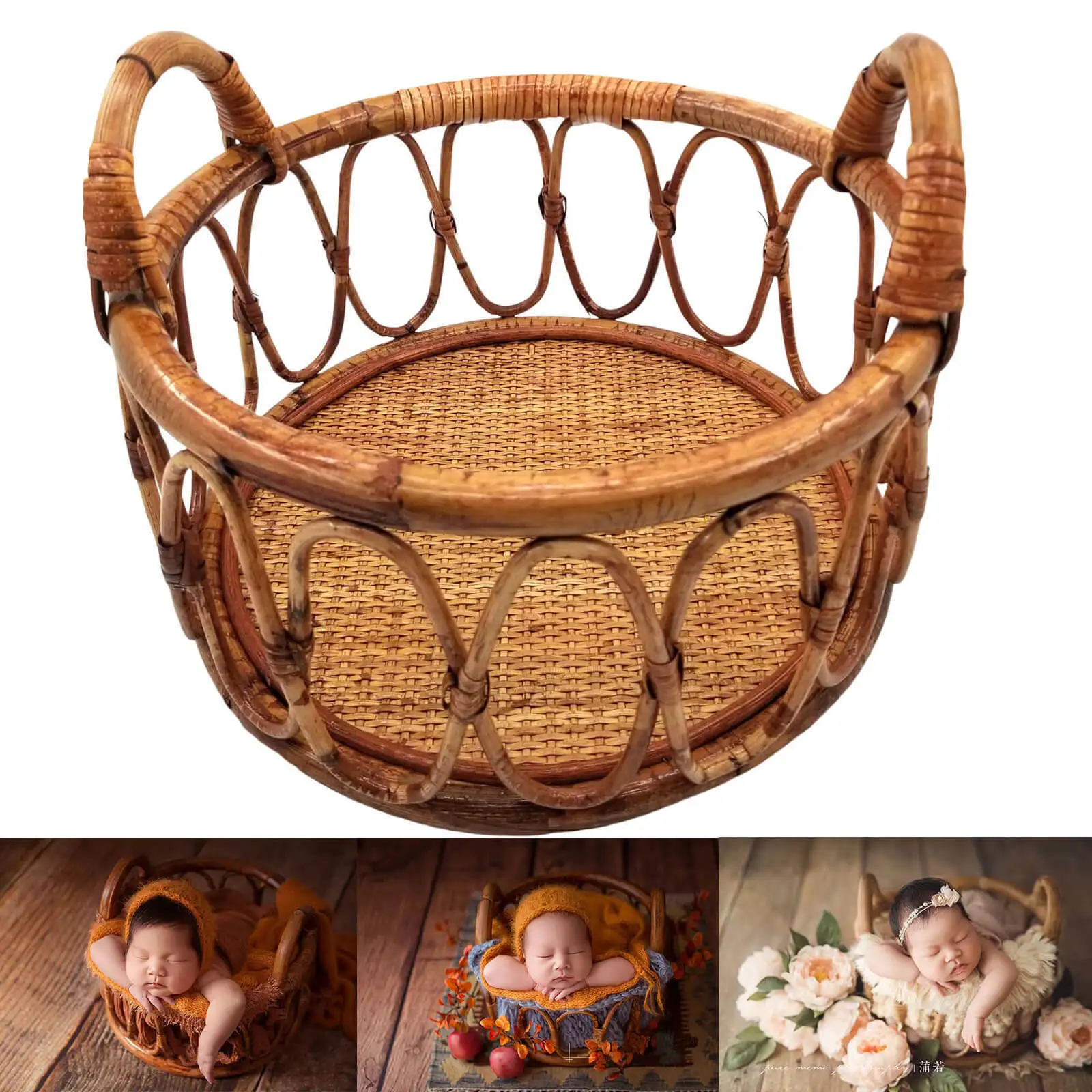 Adereços para fotografia de recém-nascidos, cesta redonda de vime para bebês, adereços para pose de fotos de bebês, arte infantil, decoração, acessórios de cenário