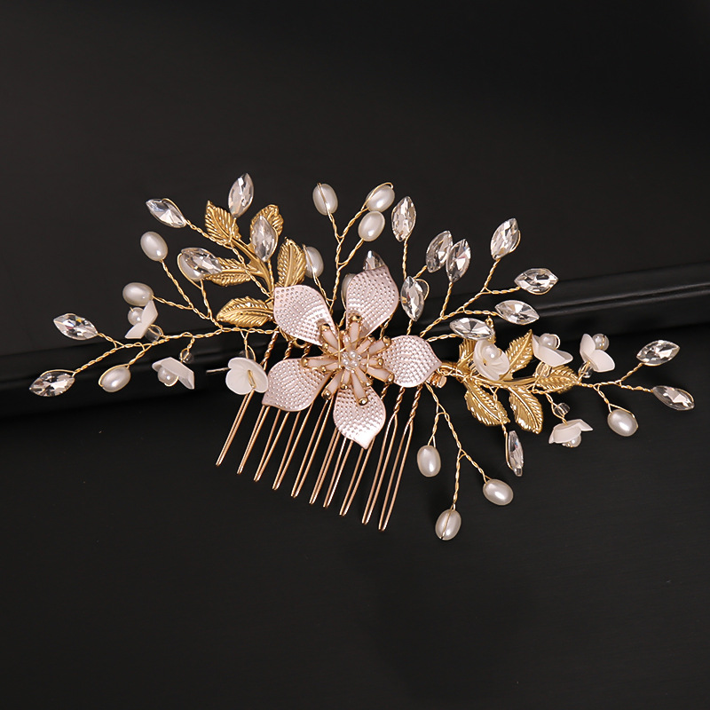 Braut Hochzeit Perle Blume Haarnadel Seite Kamm Goldene Blatt Geformt Legierung Tiaras Einsatz Schmuck Kamm Haar Schmuck Braut Kopfbedeckungen