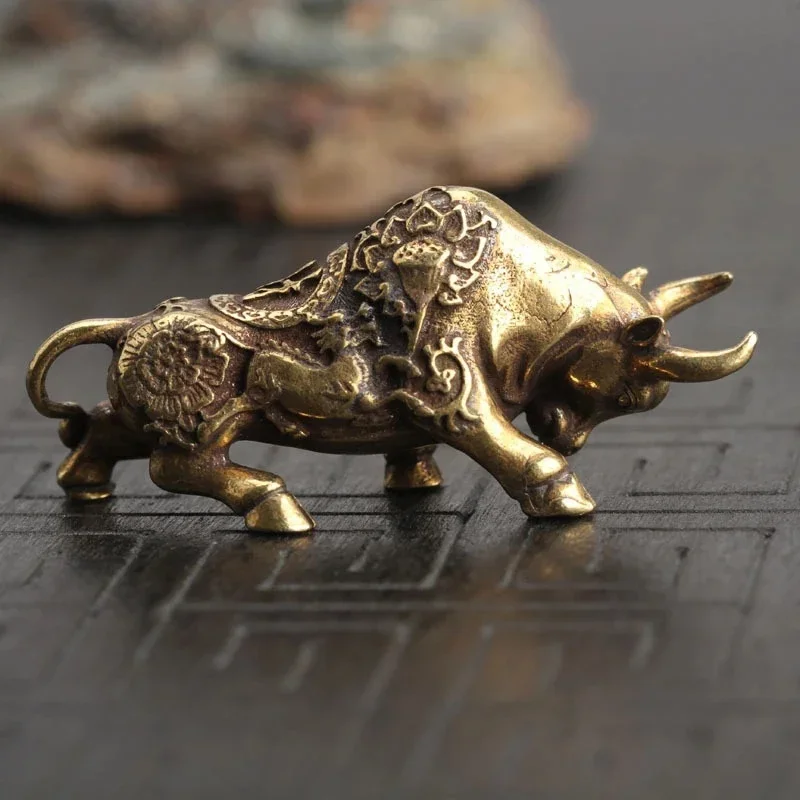 Brass Lucky Bull Statue, Copper Animal Figurine for Home & Office Desk Decor, Wealth Bring Ornaments
