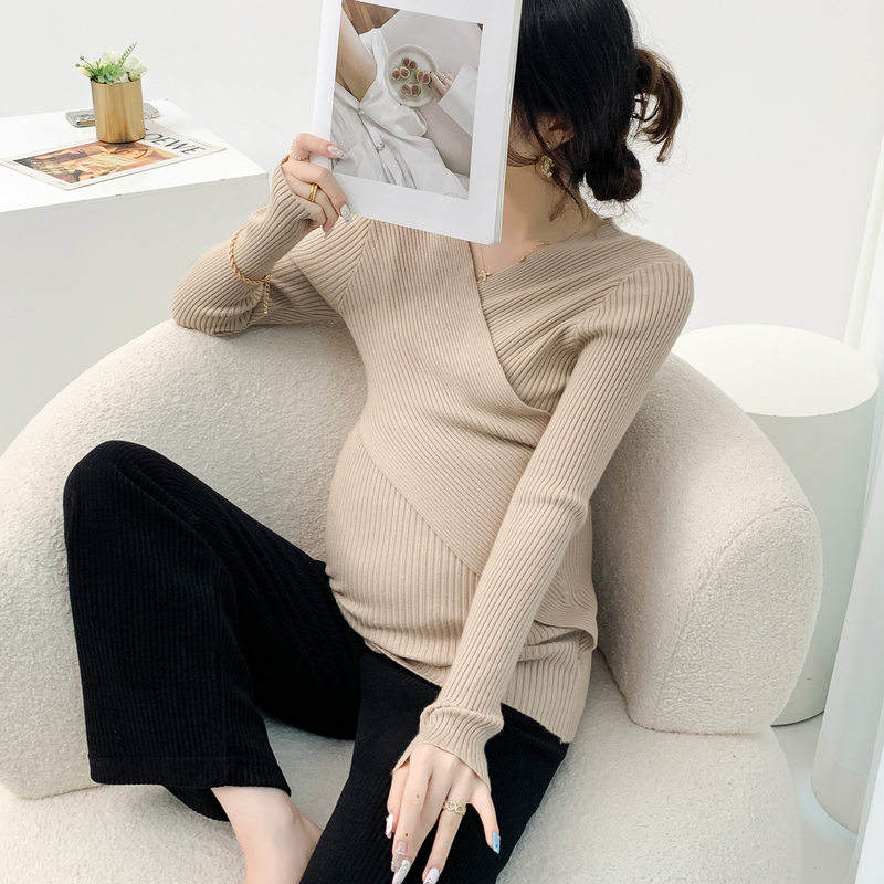 Across V neck Knitted Nursing Sweaters Maternity Autumn Winter Slim Fit Soft Breastfeeding Pullovers for Pregnant Women Youth