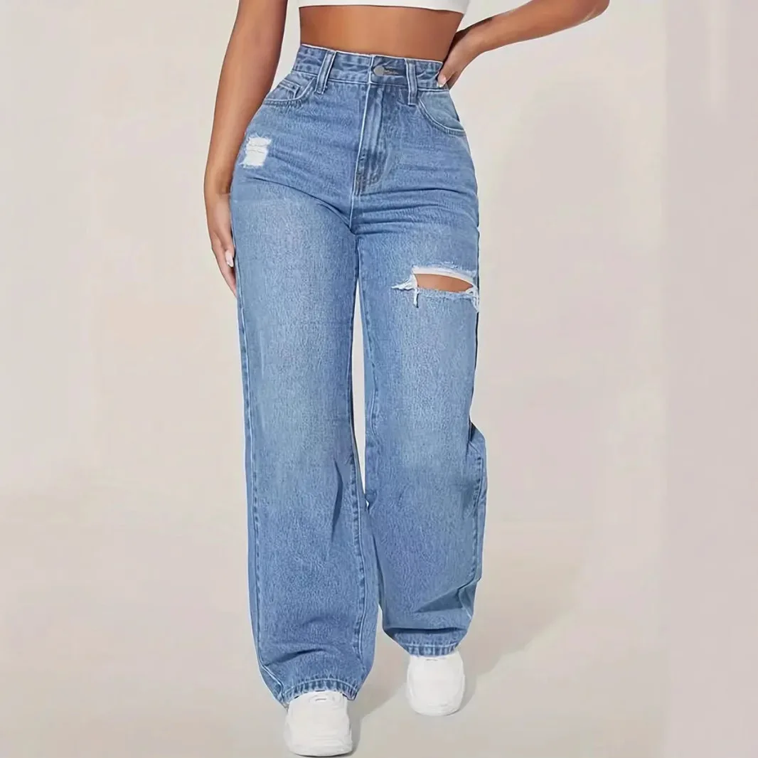 Mom Jeans Frauen Denim Hose Breites Bein Lange Hosen Loch Hohe Taille Gerade Hosen Y2k Streetwear Arbeit Splice Casual 2025, Punk