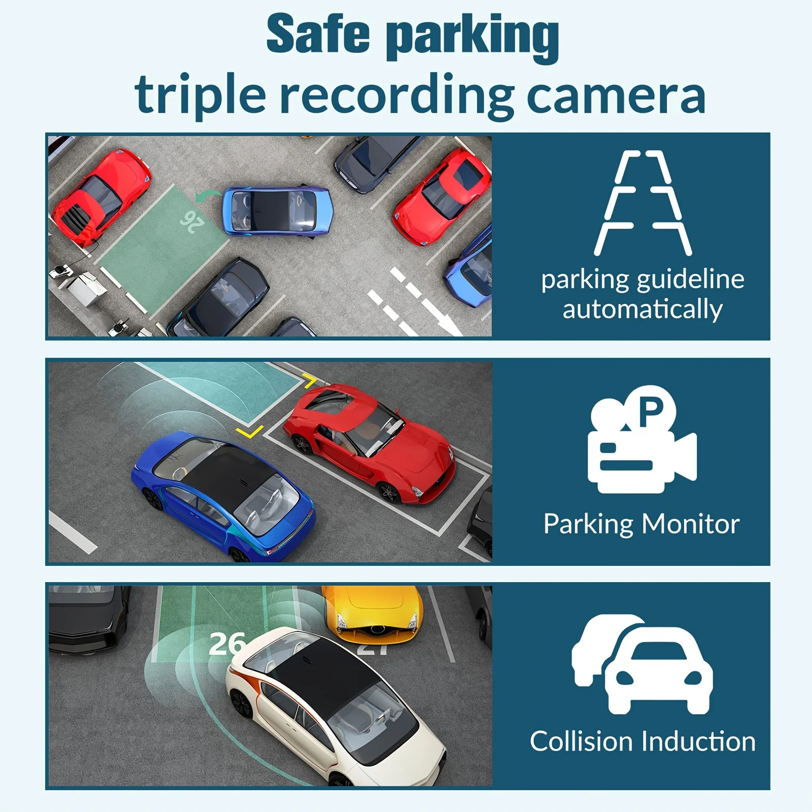 Dash Cam a 3 canali per telecamera per auto Black Box Videoregistratore 1080P Telecamera per retromarcia per accessori per auto DVR per auto