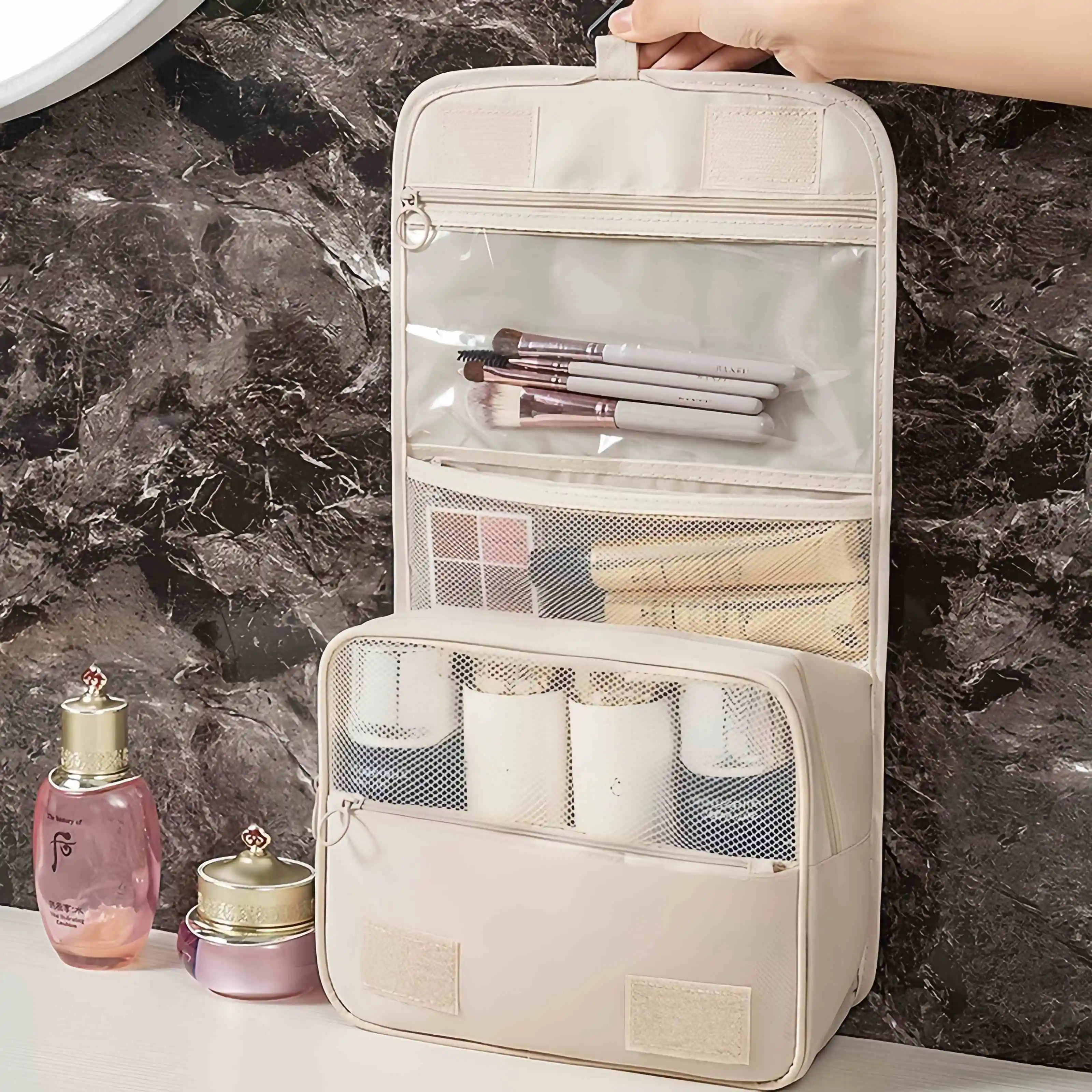 Bolsa de almacenamiento de mano con separación en seco y húmedo, bolsa lavable, bolsa de maquillaje colgante multifuncional de viaje grande con colgante