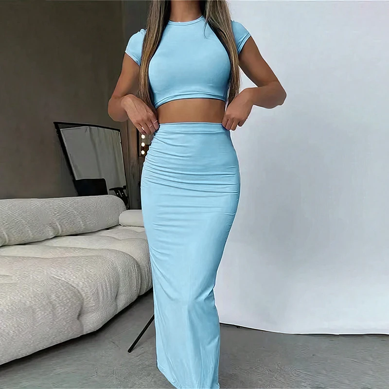 Sexy T-shirt Rok Tweedelige Set Vrouwen Nieuwe Korte Mouw O-hals Crop Top Hoge Taille Rok Effen Mode Pak Streetwear Partywear