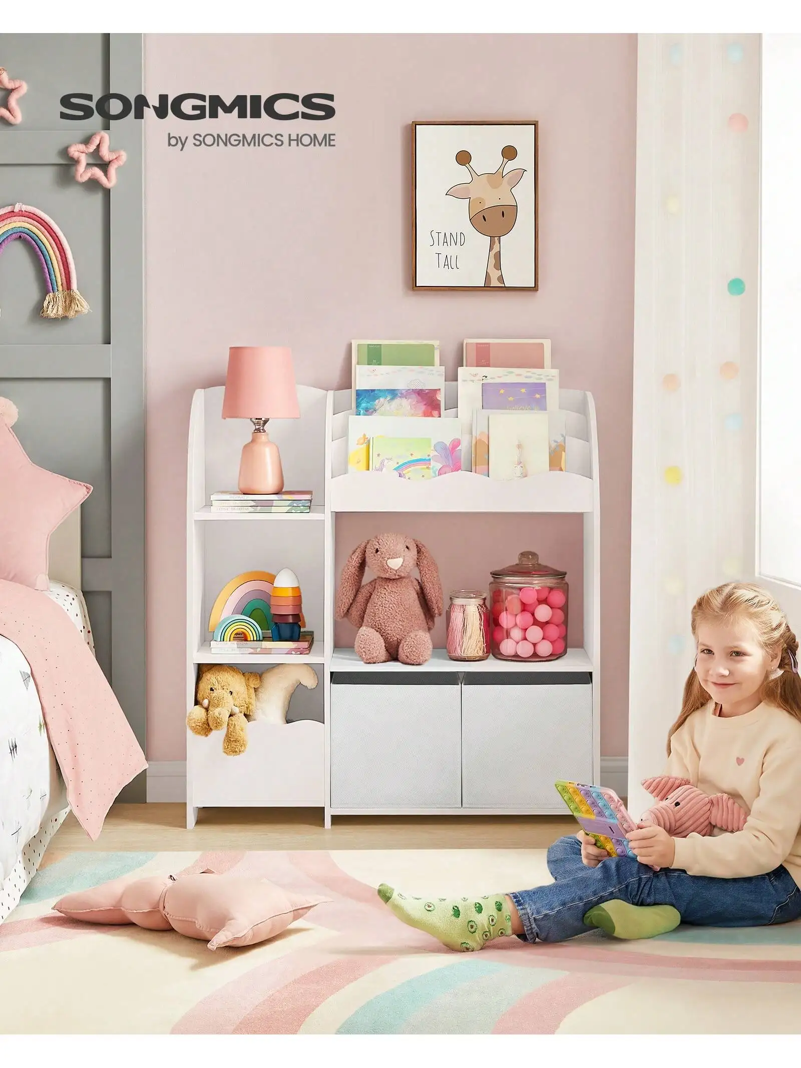 SONGMICS Scaffale per giocattoli, Libreria per bambini, Armadietto per camera da letto con 2 contenitori per giocattoli, Sala giochi, Soggiorno, Grigio colomba
