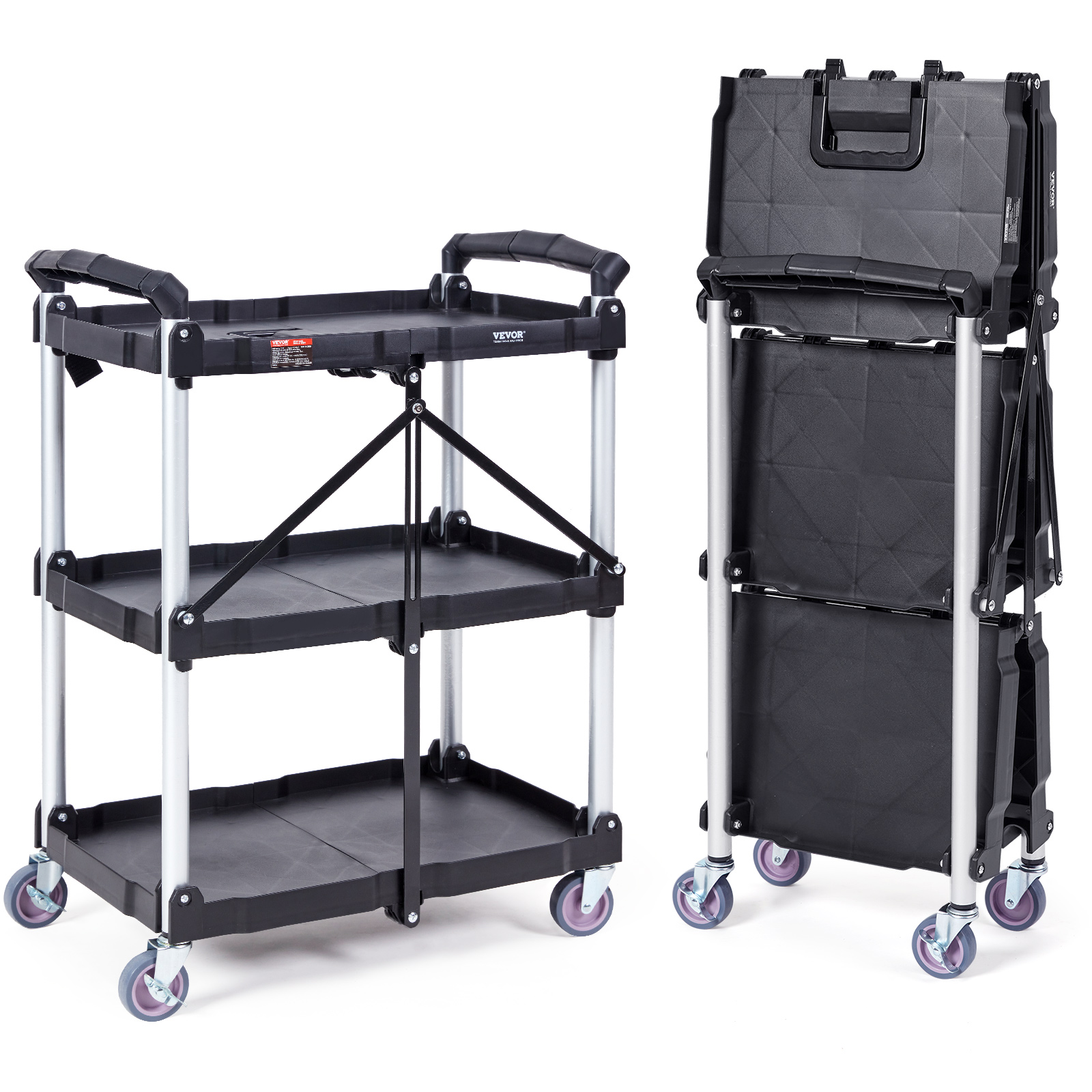 VEVOR 3 Tier Folding Rolling Utility Cart Storage Shelf Movable Gap Rack Serving Cart Slim Slide Organizer for Kitchen Bathroom