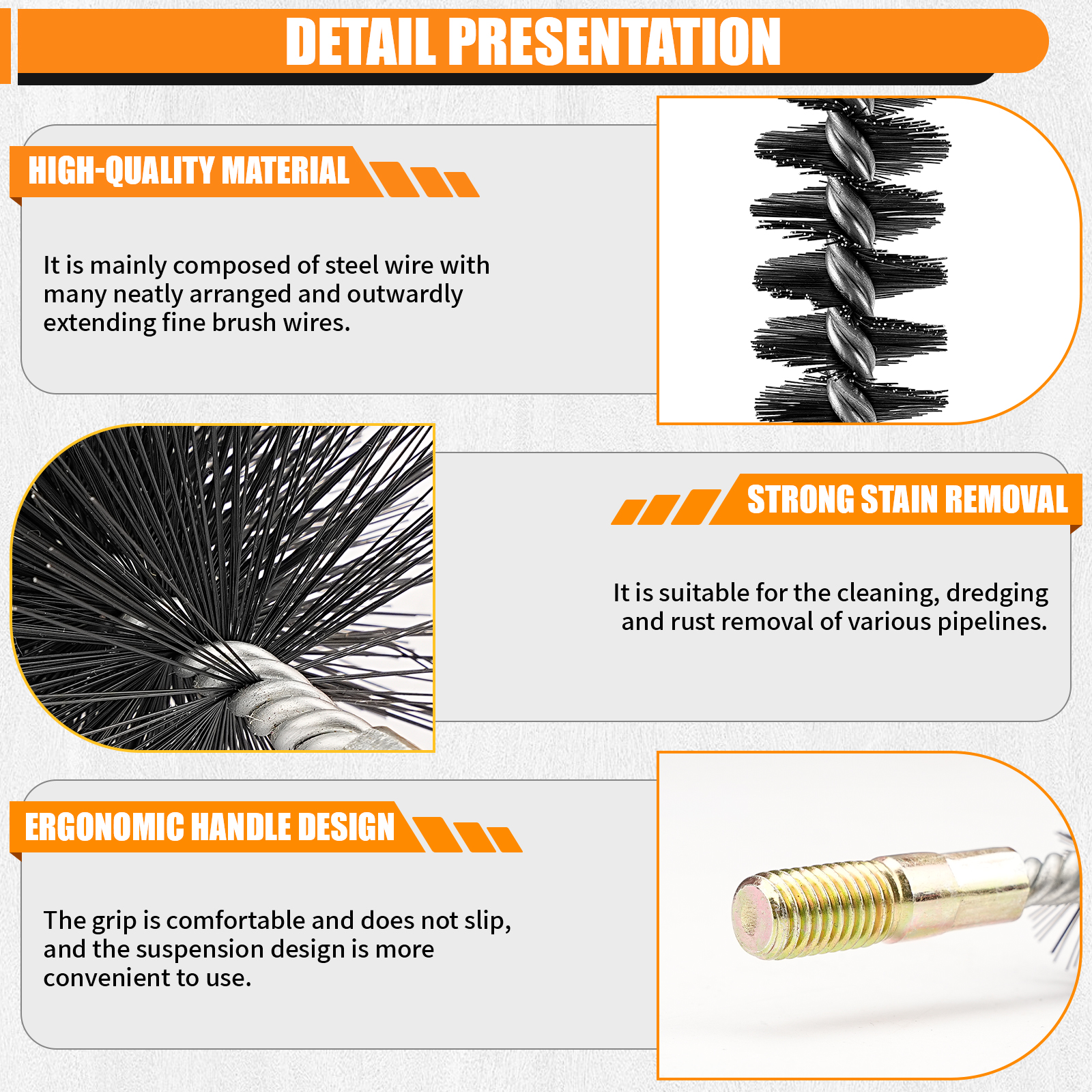 1Pc M12 Threaded Brush Stainless Steel Wire Tube Brush Chimney Cleaning Tool Round Handle Rust Removal Wire Brush 18-75mm