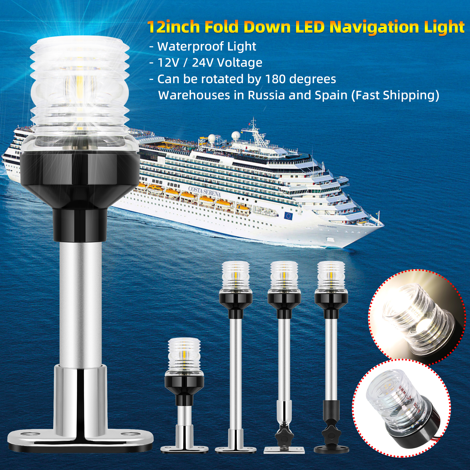 Dobrável para baixo led barco luz de navegação 360 graus 6/12/22 polegada vela sinal luz âncora para iate barco marinho 12v 24v