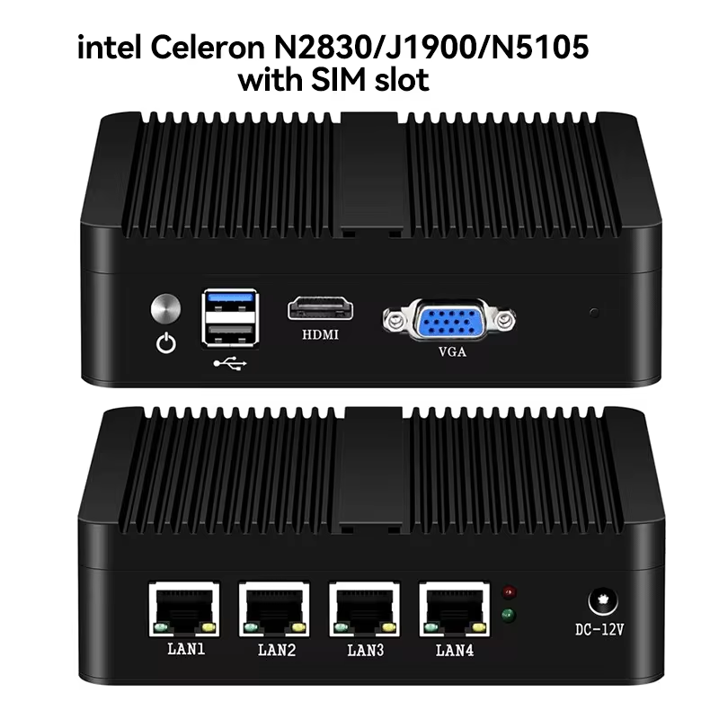 Mini PC sem ventilador Intel N100 Celeron J1900 J4125 N5105 N2830 N4000 4x 2,5G Ethernet Suporte Windows Linux Pfsense Proxmox PVE