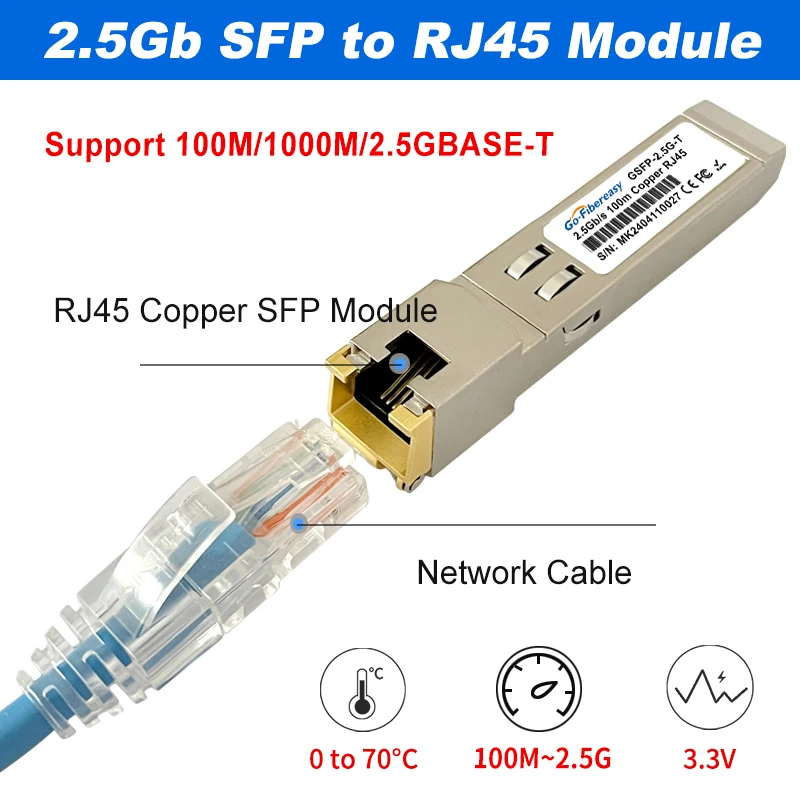 2.5G SFP to RJ45 Copper Module 1G/2.5GBase-T 100m RJ45 Connector Compatible For Mikrotik,HORACO,KEEPLiNK 2.5Gb SFP Fiber Switch