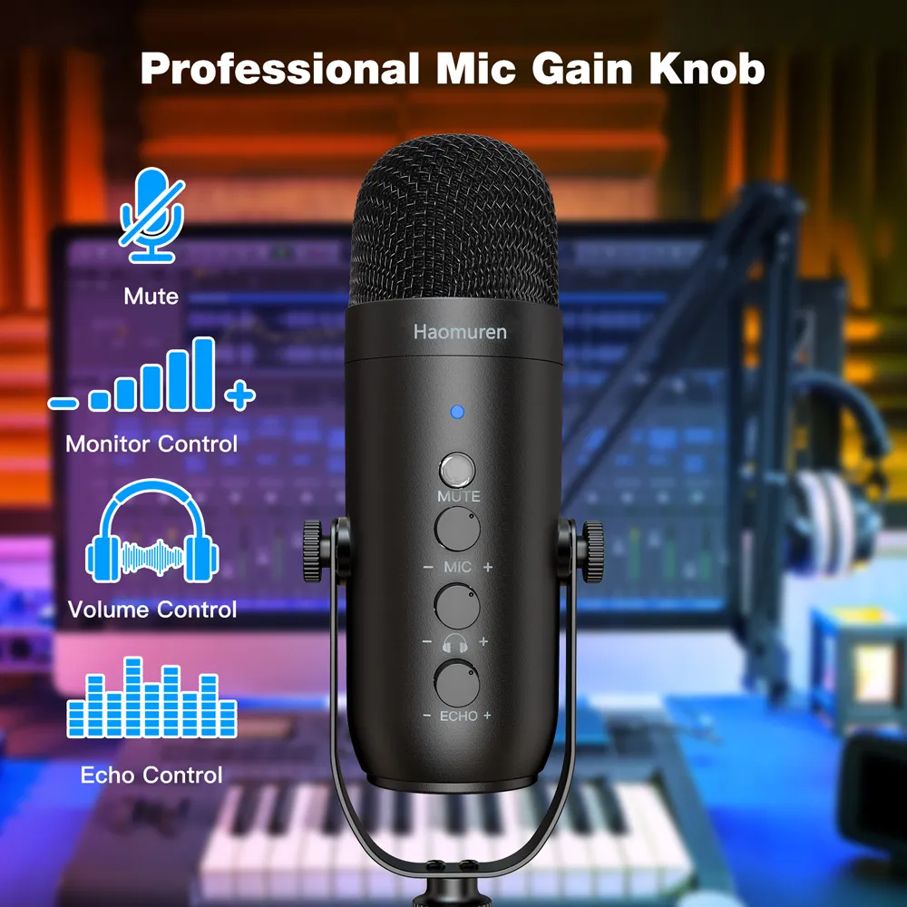Haomuren profissional usb streaming podcast pc microfone estúdio cardióide condensador microfone kit com braço de lança para gravação youtube