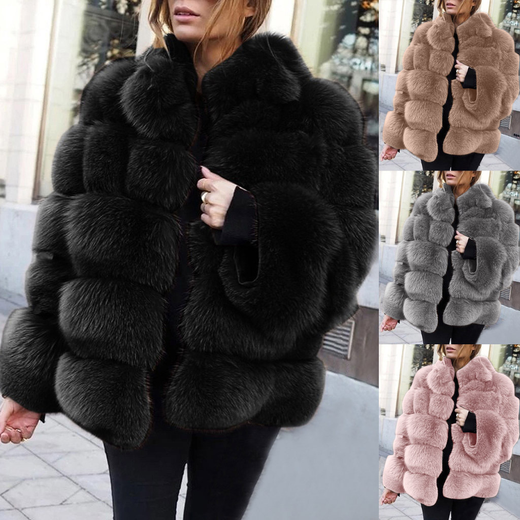 女性用の黒のフェイクファーコート,スタンドカラー,シングルブレストのジャケット,厚くて暖かい,長袖,オープンステッチ,秋冬,2022