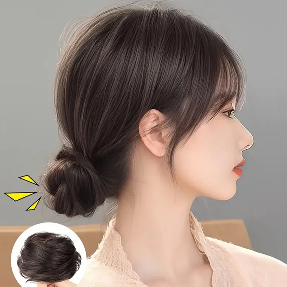 Fácil usar peruca updo sintético cabelo elegante em linha reta chignon bun cabelo com faixa de borracha fibra resistente ao calor rabo de cavalo postiços