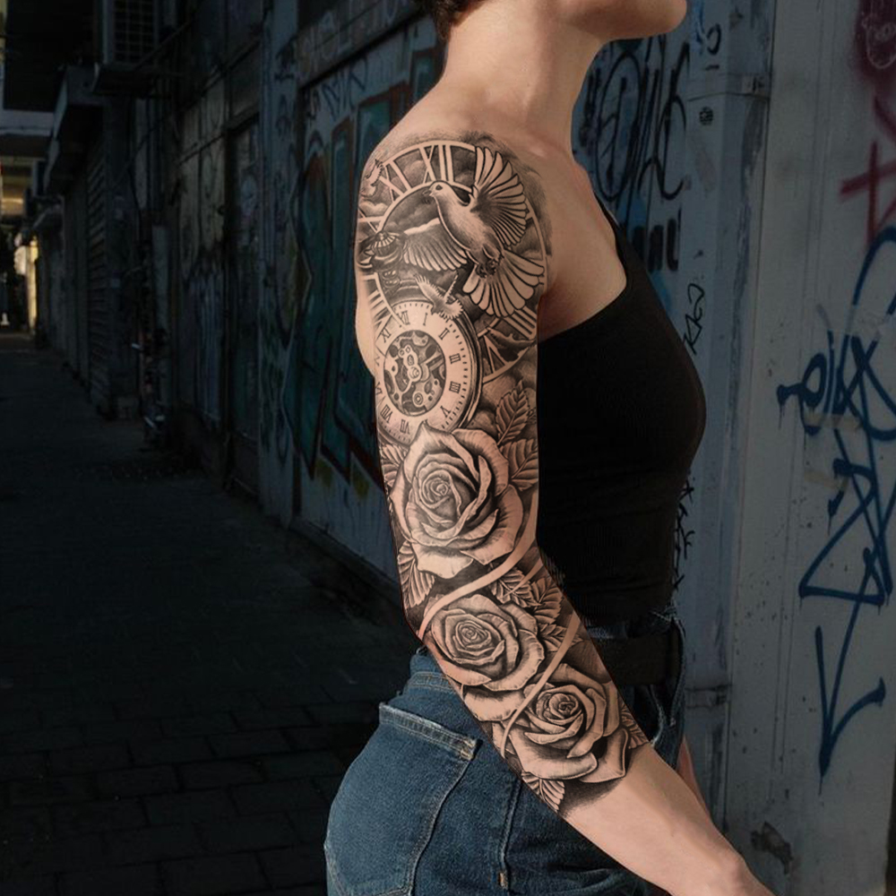 Tatuaje temporal grande con manga de brazo completo, pegatina impermeable, reloj, flor rosa, paloma, pájaro, tótem, tatuaje falso, arte corporal, pierna para hombres y mujeres