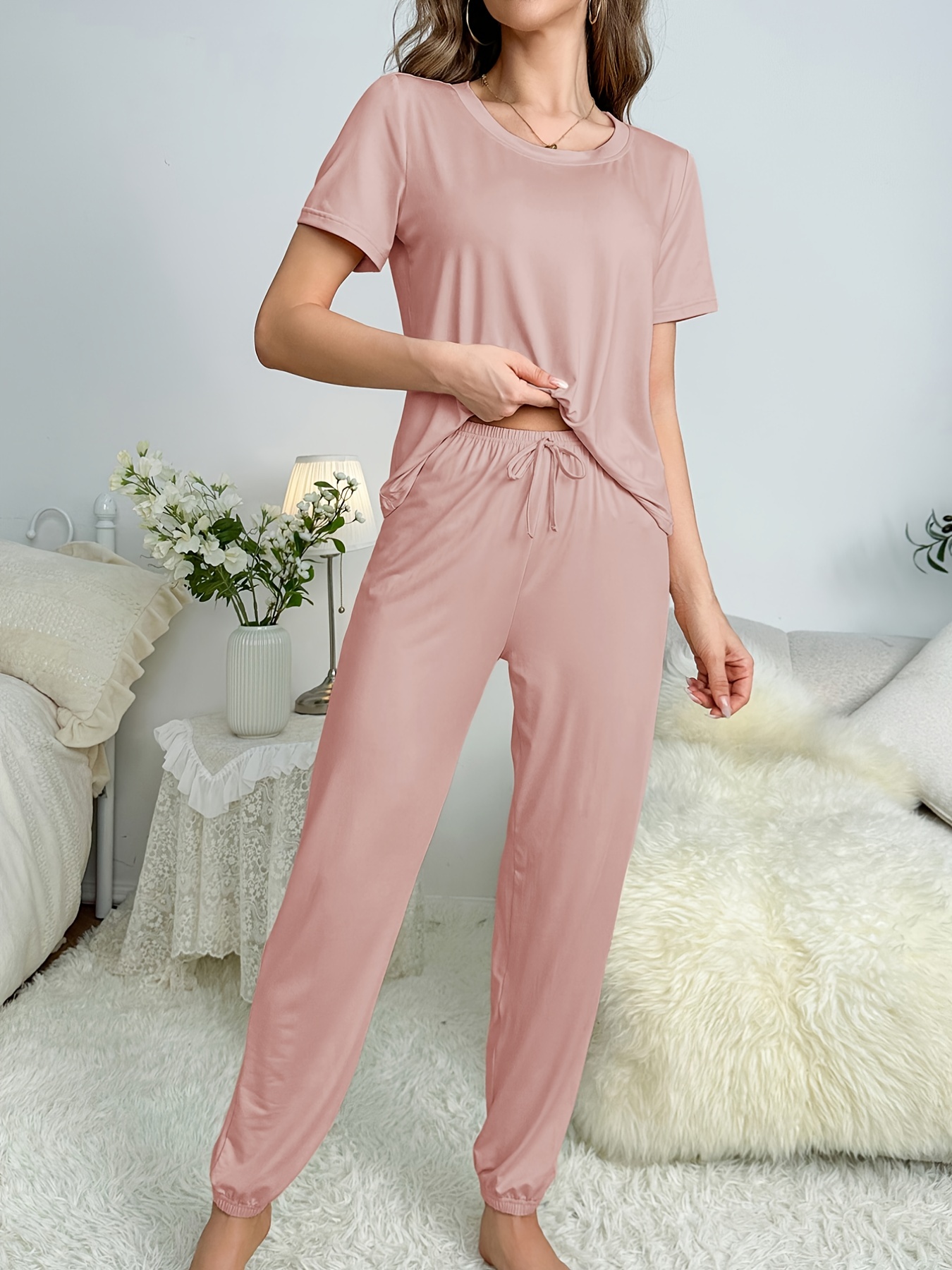 Damen-Pyjama im neuen Stil, kurzärmelige Hose, elegant, lässig, zweiteilig, einfarbig, Heimkleidung