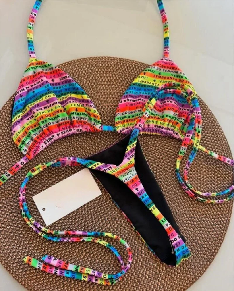 RUOTONSEPT nadrukowane litery kolorowe Mini stringi Bikini damskie stroje kąpielowe damski strój kąpielowy dwuczęściowy zestaw bikini kąpiący strój kąpielowy