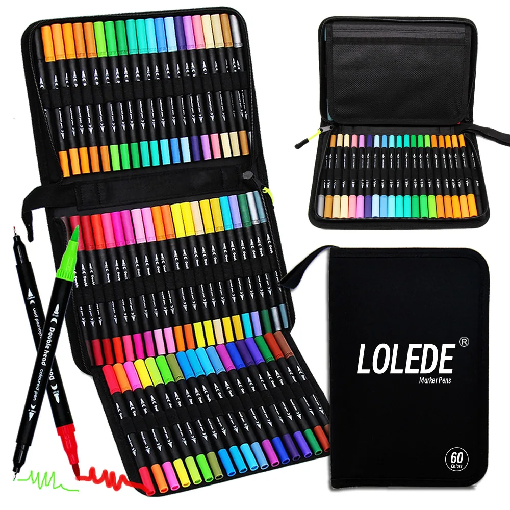 LOLEDE 60 Farben Doppelkopf-Marker, Spitze, Künstlerbedarf, Zeichenpinsel, Stift, Farben, Set für Geschenkstifte, Bleistifte, Schreiben, Büro, Schule