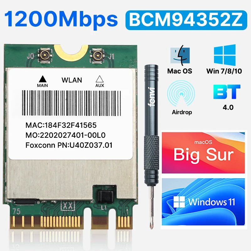 fenvi 1200 Мбит/с BCM94352Z Wi-Fi сетевая карта Bluetooth 4,0 двухдиапазонный адаптер 5G/2,4 ГГц BCM94352 DW1560 NGFF M.2 для Hackintosh mac