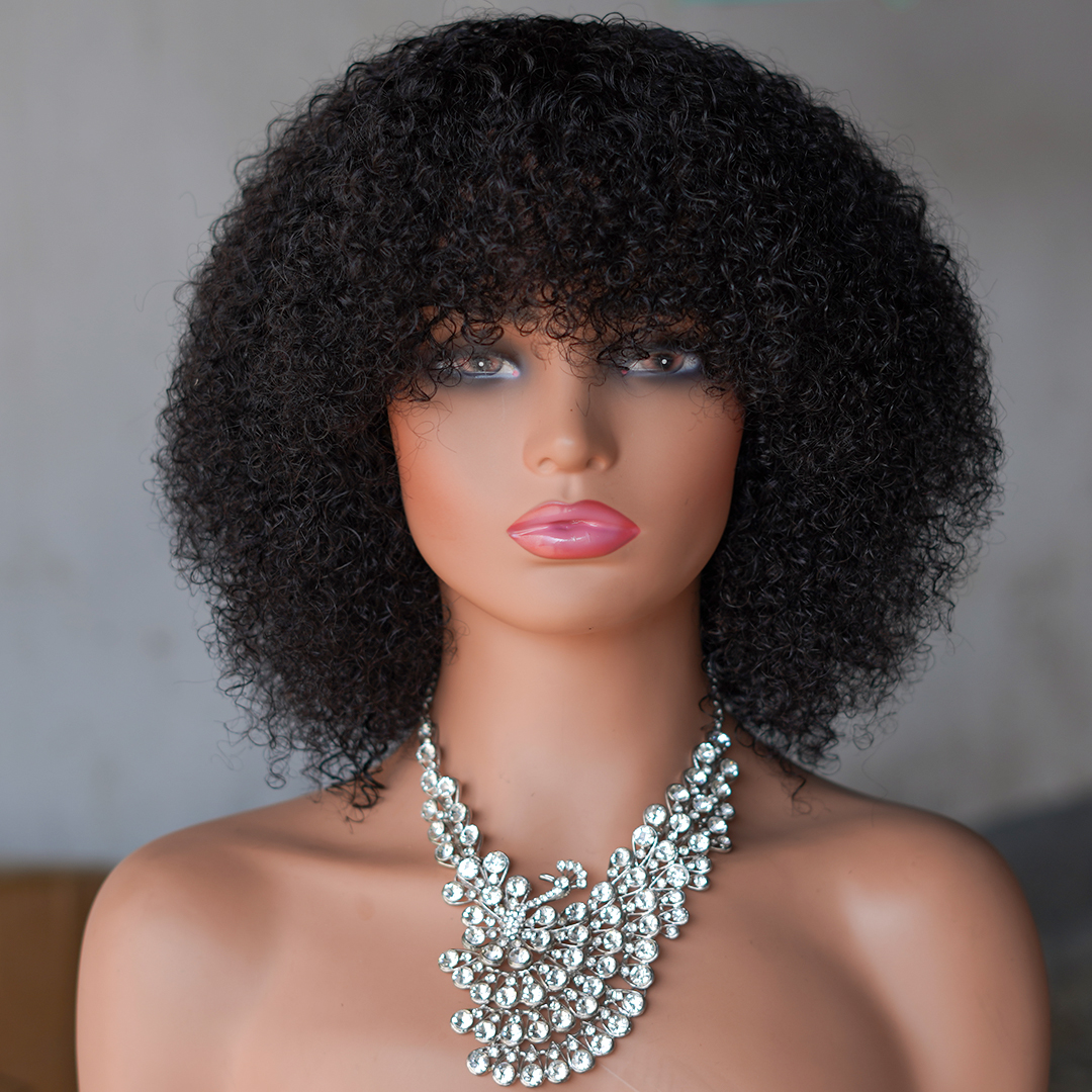 12 Inch Afro Kinky Curly Bob Wig, With Bangs Curly Pixie CutGlueless Wigs Machine Made Brazilian Human Hair Wigs, For Black Wome