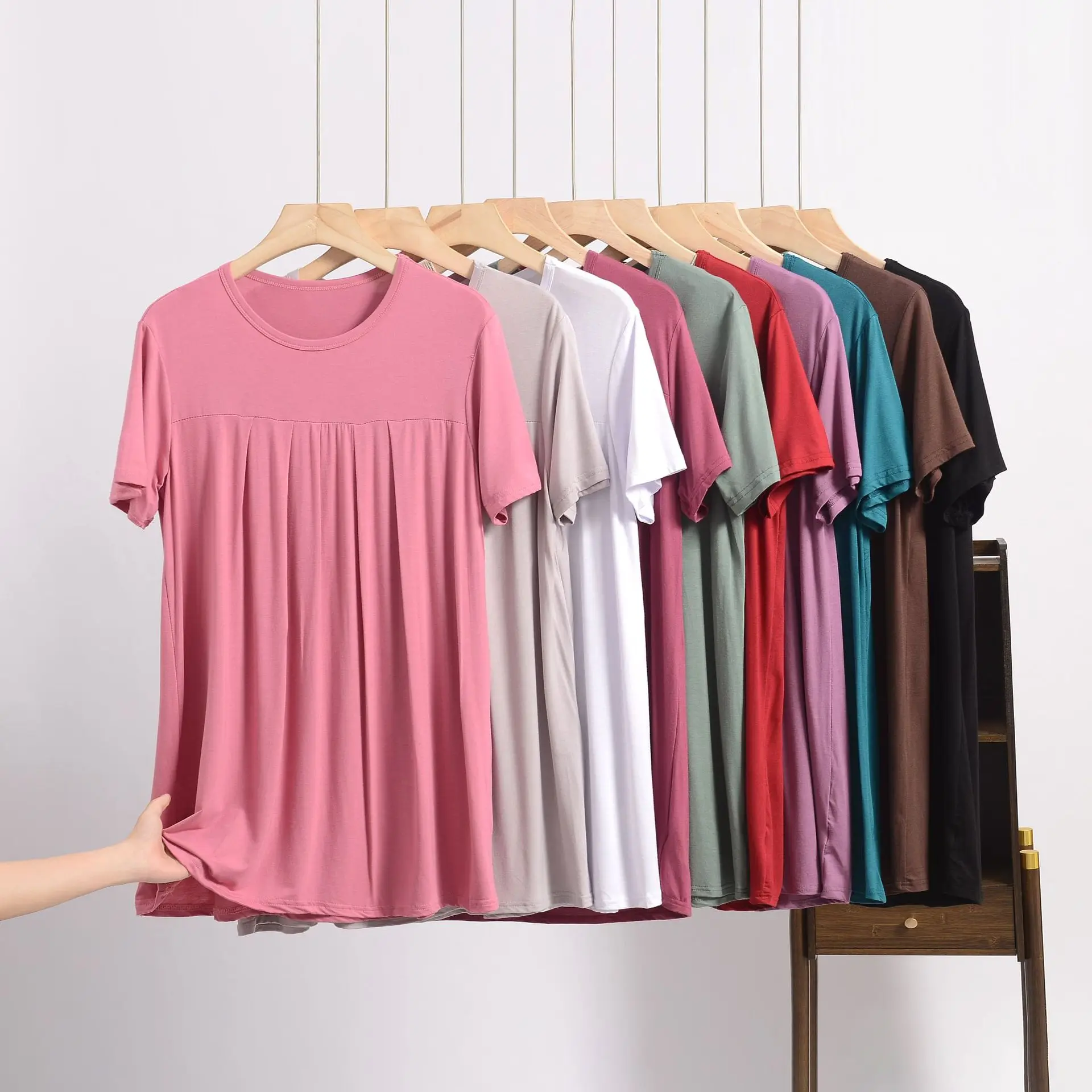XL bis 8XL Übergröße, locker sitzende Kurzarm-T-Shirts, Sommer-Damen-Plissee-T-Shirt mit geraffter Taille, solide, lässige T-Shirts