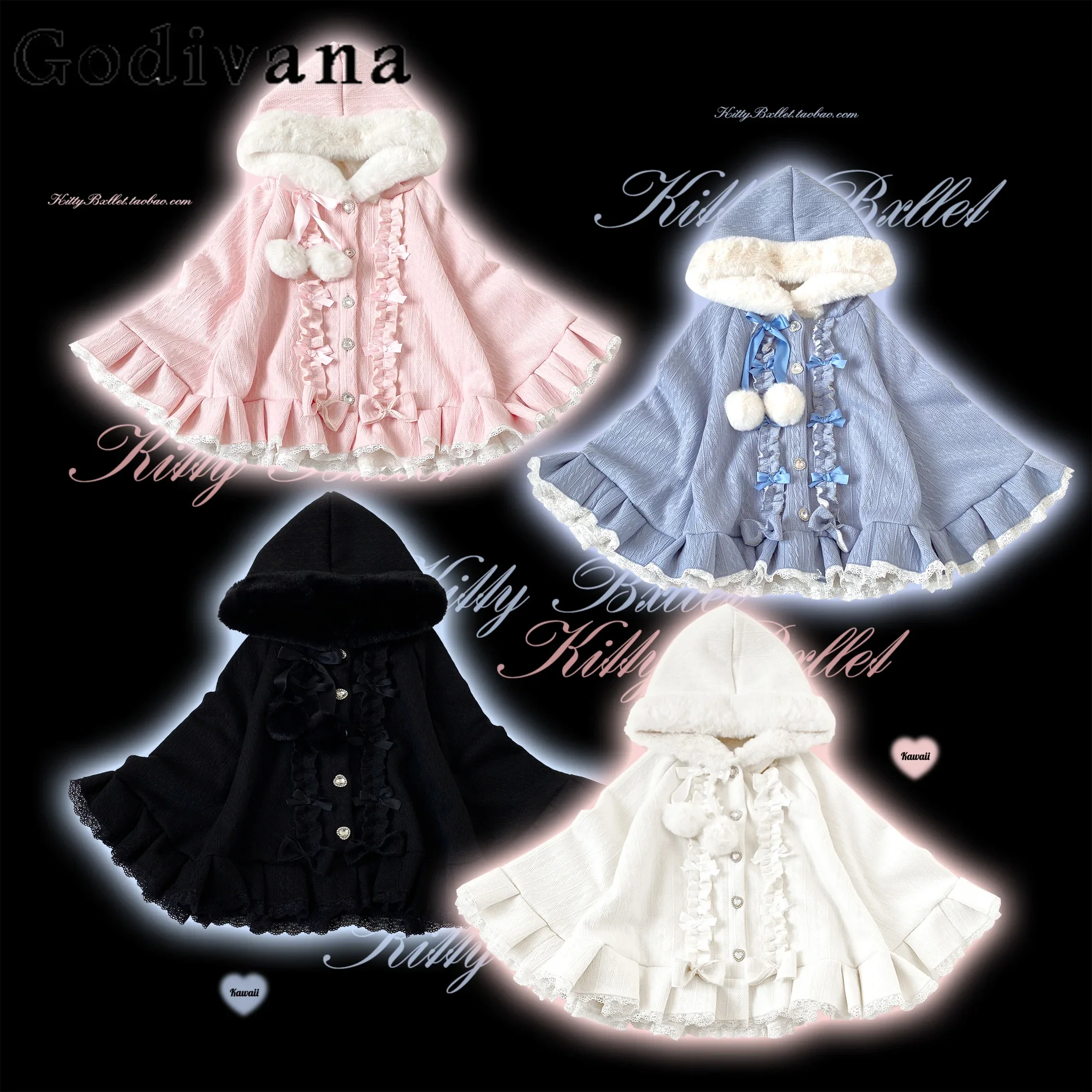 Japanische Minen-Umhang mit Kapuze für Damen, Spitzenkante, Schleife, einreihig, niedlich, süß, Mädchen, rosa Ponchos, Damen-Umhänge, Winter, Neu 2024