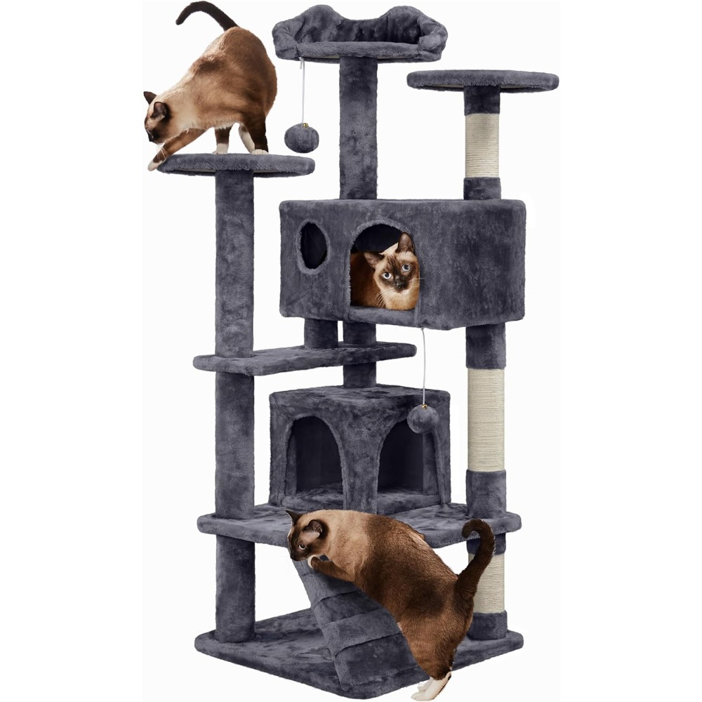 Árbol rascador para gatos con plataforma, torre escaladora para gatos medianos de 1 a 3 con bolas, 49 x 49 x 138,5 cm, gris oscuro