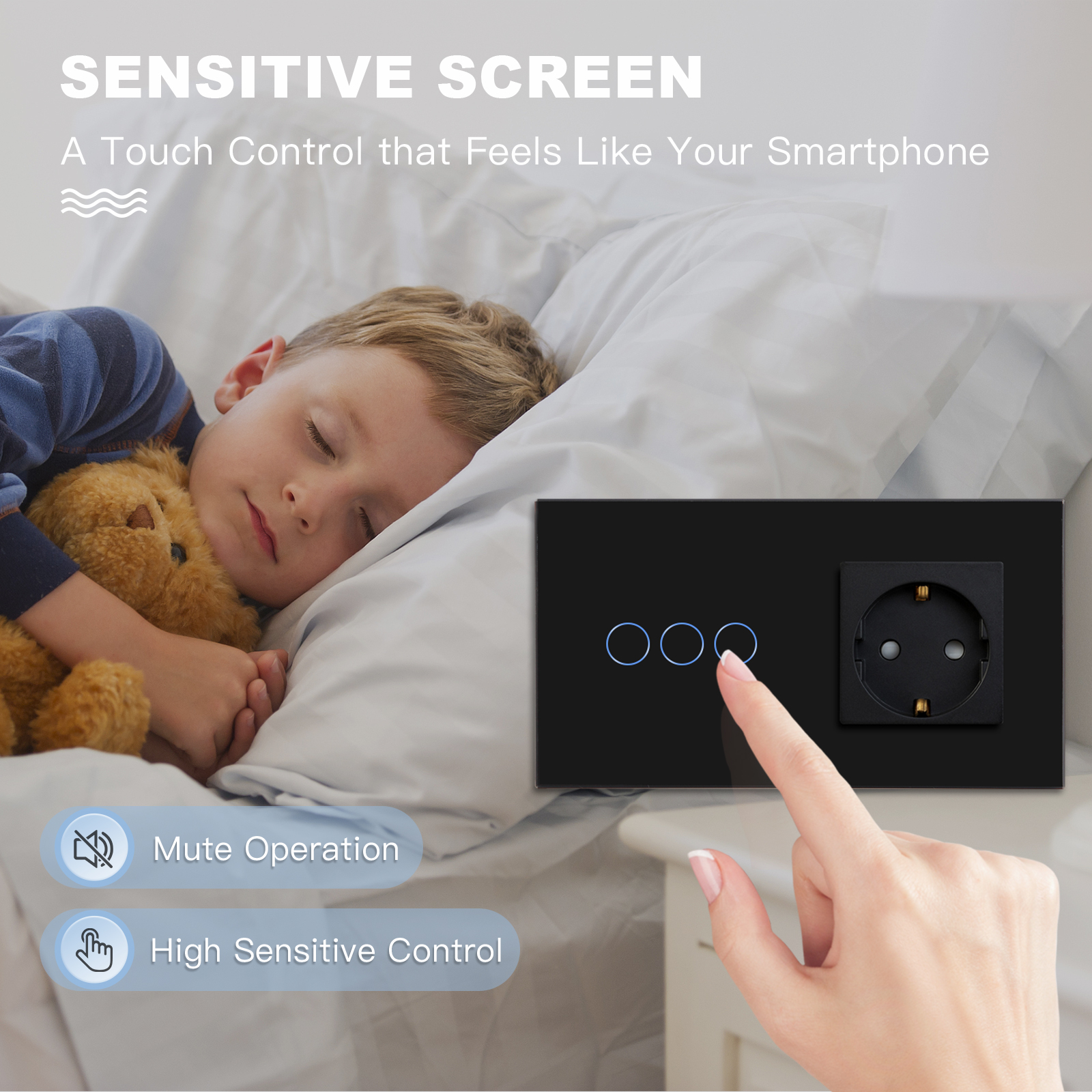 Interruptor de luz táctil BSEED con enchufes de pared USB de la UE, interruptores Led de pared negros, 1/2/3 entradas, 1 vía, interruptor de pared con retroiluminación azul oscuro de cristal