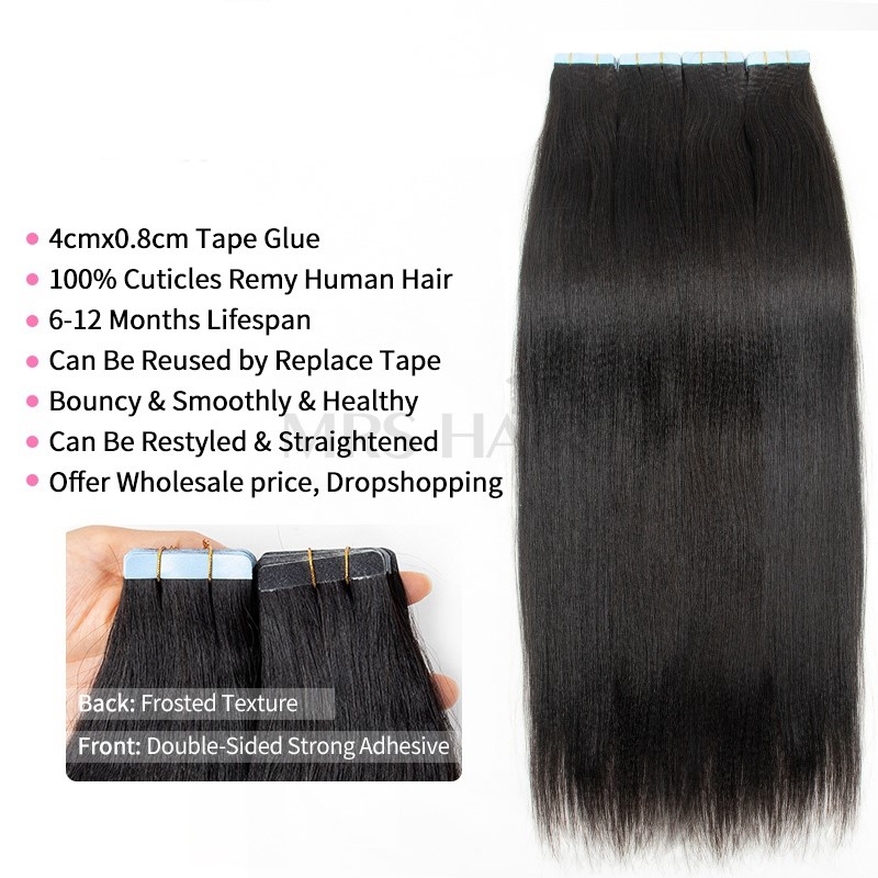 MRS HAIR Light Yaki Tape In Hair Extensions Human Hair Cuticle Remy Tape in Extensions SilkPressed Yaki Tape ins 12-26inch 20pcs