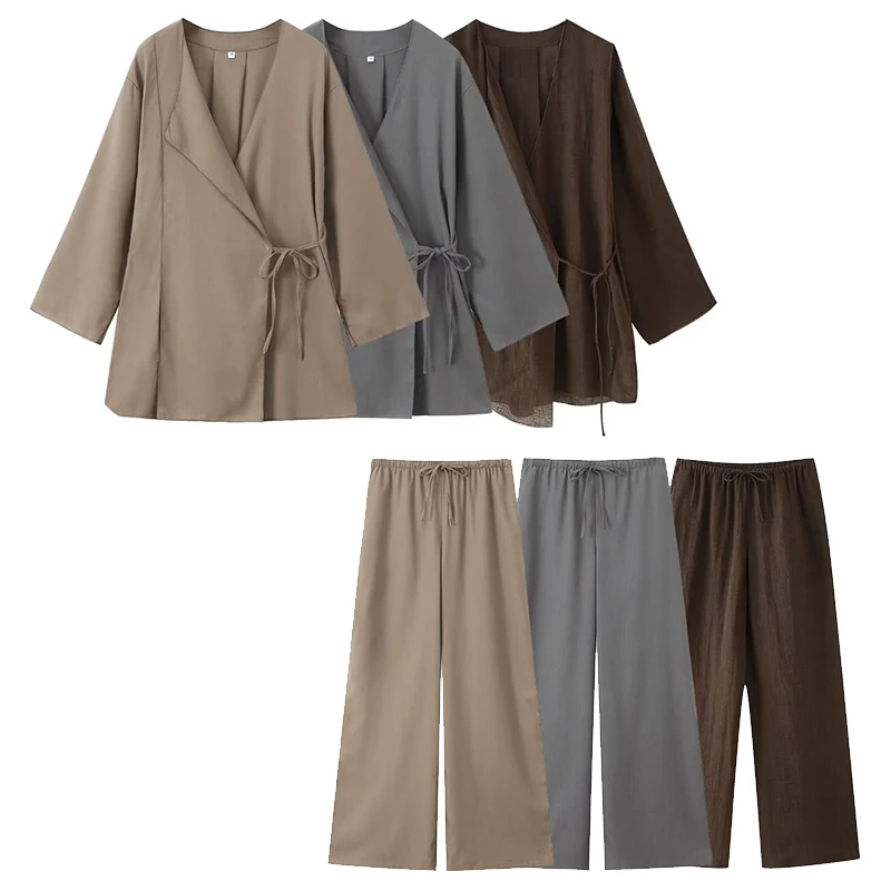 Willshela Set da 2 pezzi alla moda da donna Camicie con lacci tinta unita e pantaloni vintage in vita elastica Set di pantaloni da donna chic Feamle