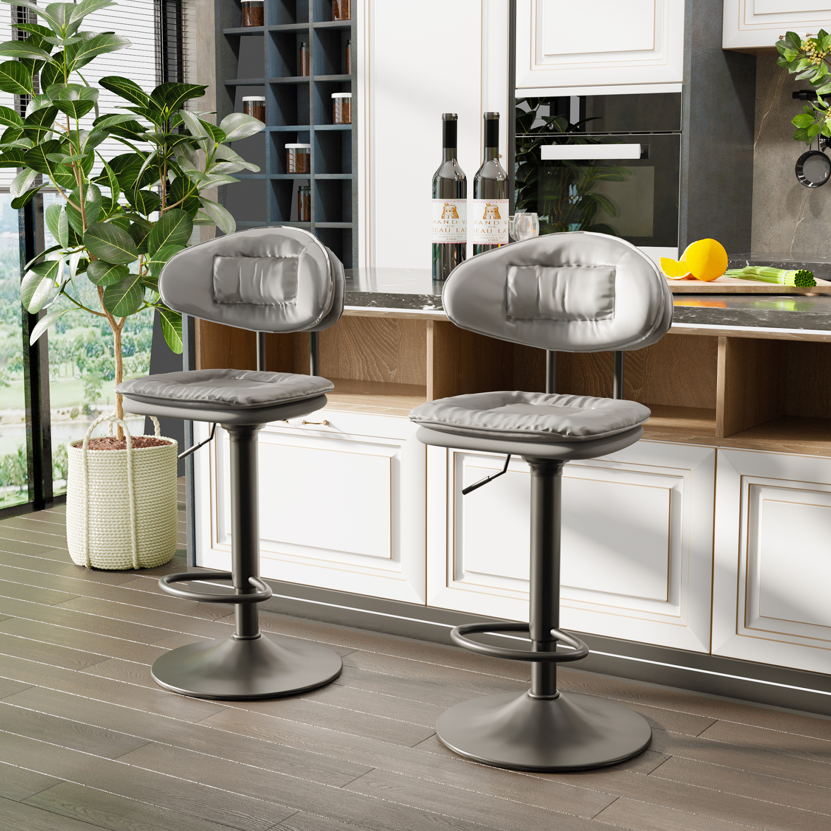 Heavy Duty Pub Counter Altura Bar Stools, cadeira giratória ajustável com encosto, cinza acolchoado, 2pcs