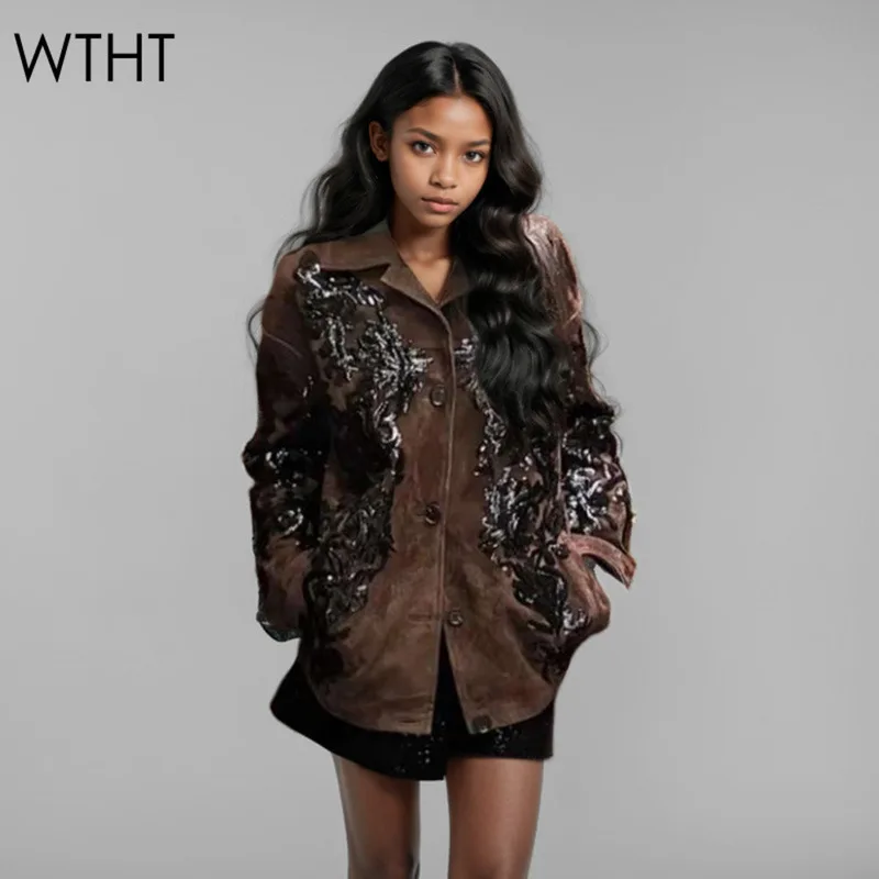 WTHT, abrigo de tela de ante holgado con diseño bordado Seuqins para mujer a la moda, solapa nueva de invierno 20224, botones de manga larga para mujer 1LS471