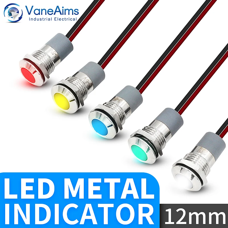 Vaneaims 12mm metal led luz indicadora fiação lâmpada de sinal impermeável ip67 3v 6v 12v 24v 220v vermelho verde amarelo branco azul