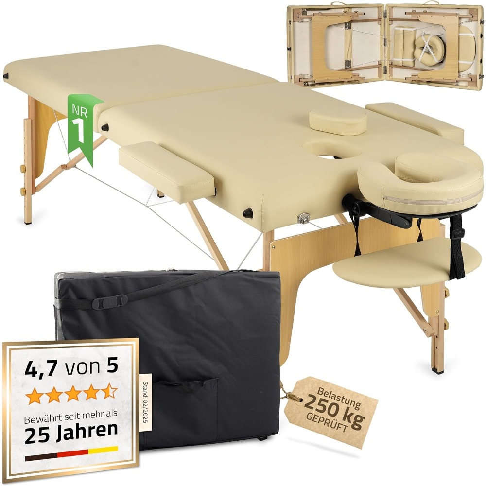 Massagetisch | Zusammenklappbare 2-Zonen aus Holz | Komplett ausgestatteter Massagetisch | 185 x 60 x 85 cm, MDR-zertifizierter Massagetisch
