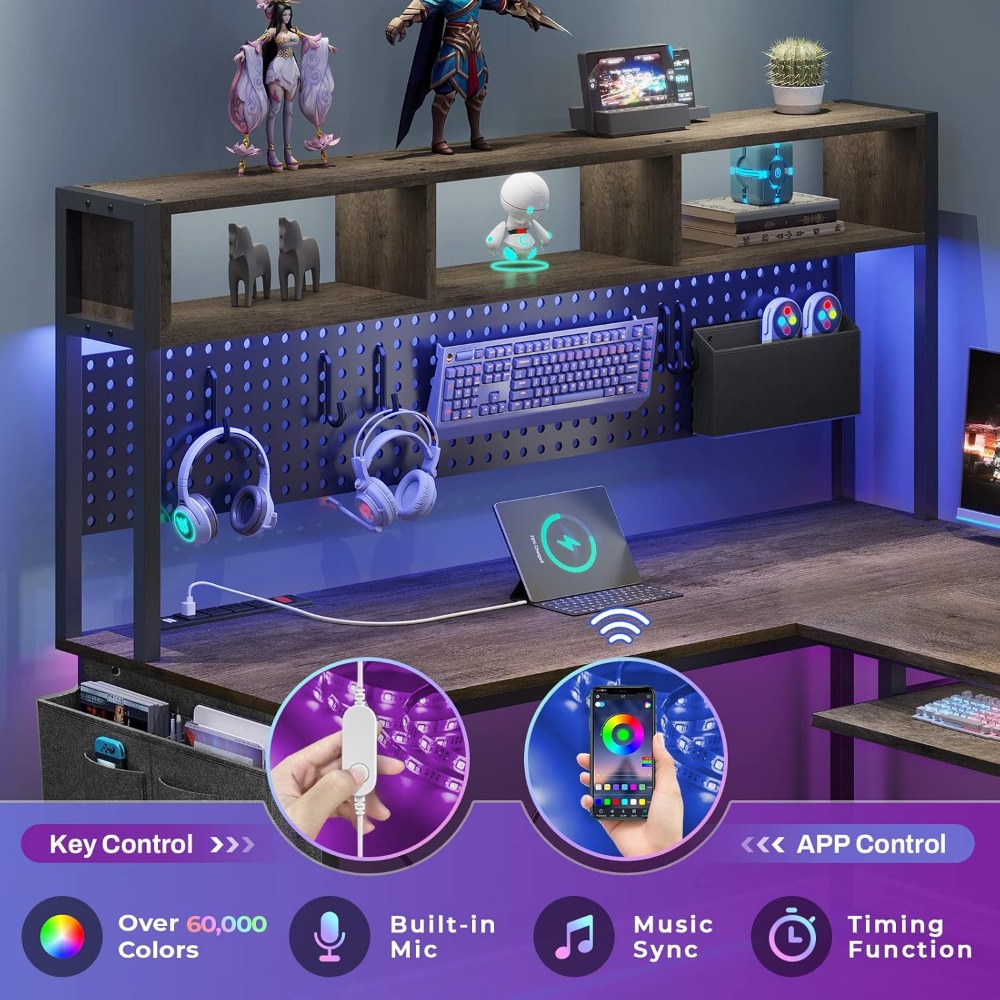 L Shaped Desk, 94.5 Inch Office Desk with Power Outlet & Pegboard, L Shaped Desk with Led Light, Keyboard Tray, Storage Shelves