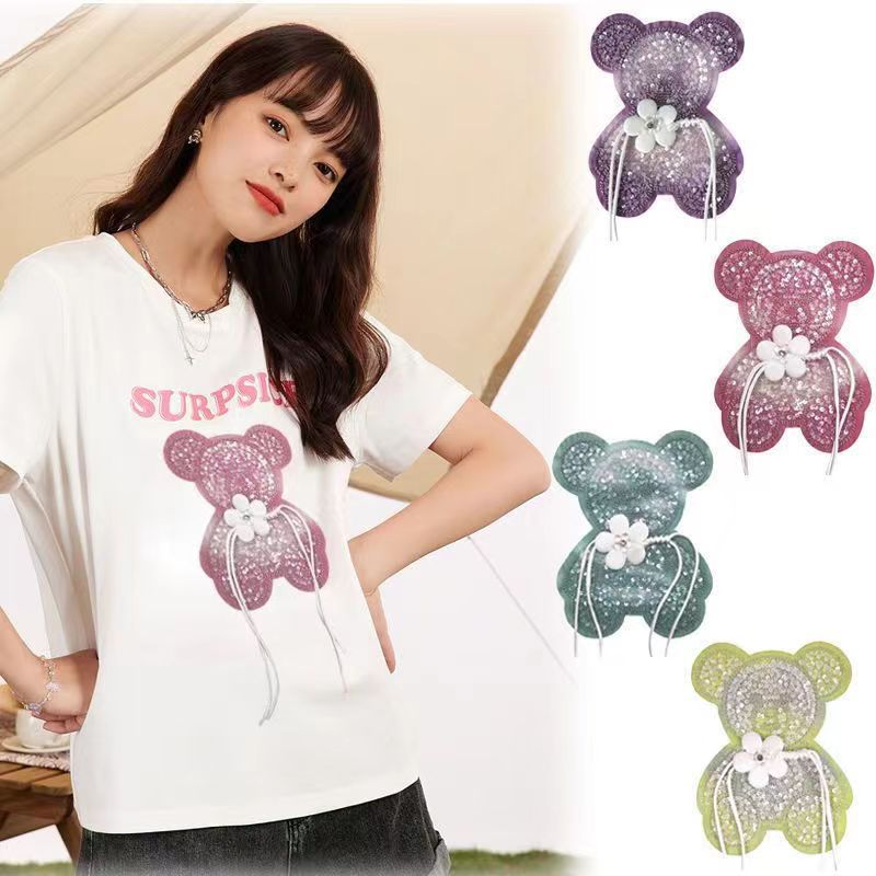 1PCS Bear pattern mesh bottom handmade beaded fabric patch DIY clothing decoration applique clothing hole patch