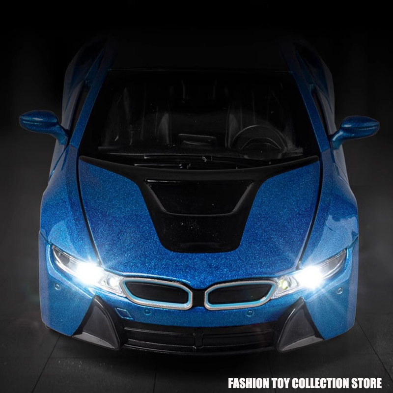 1: 32 i8 liga modelo de carro alta simulação diecasts brinquedo com som e luz puxar para trás veículos decoração brinquedos para crianças presente